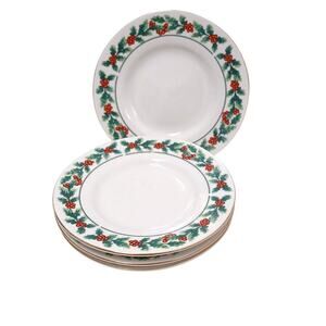 3 Pc Gibson Christmas 6.5" Saucer Plates Holly Berries Wreaths Green Red Bow VNT
